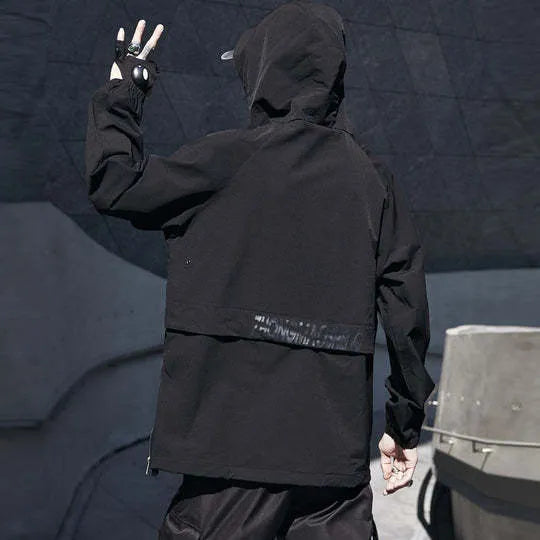 Men's loose thin black hooded solid colour jacket with zip front, front view