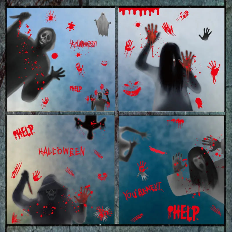 Halloween electrostatic window sticker sheet with six PVC female ghost and skull designs in six colour combinations