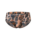 Men's low waist printed briefs in light polyester fabric, showing star, leopard, lip, banana, elk, green and rainbow pattern options.