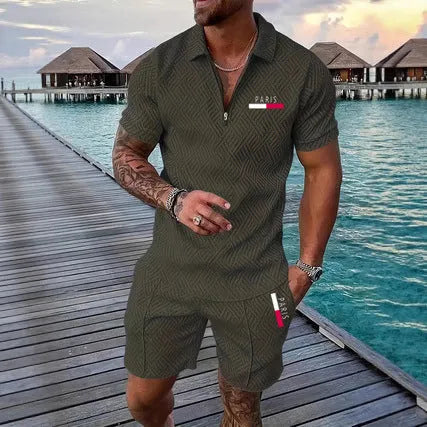 Men's retro plaid beach suit set with PARIS heat transfer patch, short sleeve T-shirt and shorts in cotton blend