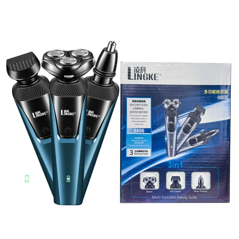 Three-in-one men's electric shaver in blue or grey with USB charging, 4W power, 220V, plastic body.