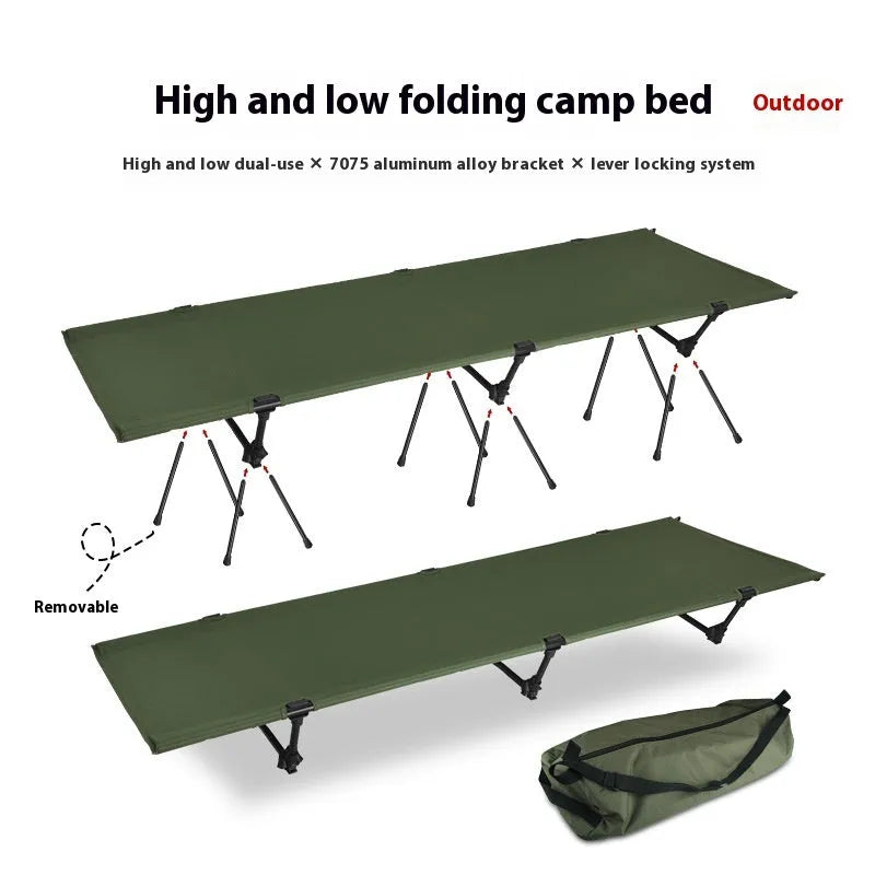 Lightweight portable folding bed in khaki colour with black brackets, showing folded and assembled configurations