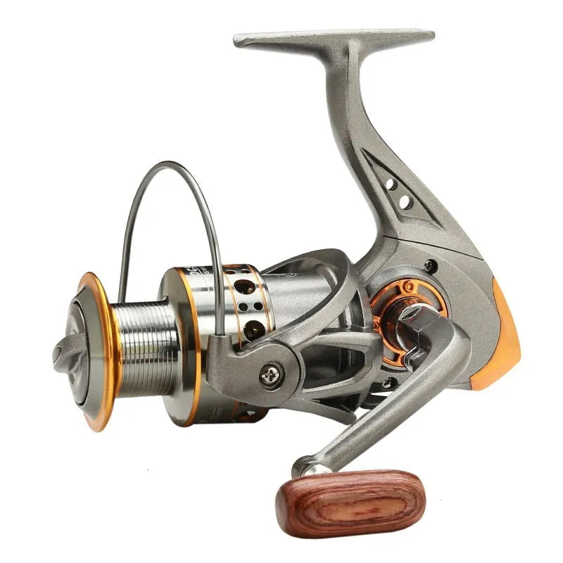 DC all-metal spool fishing wheel reel in grey gold finish with metal body