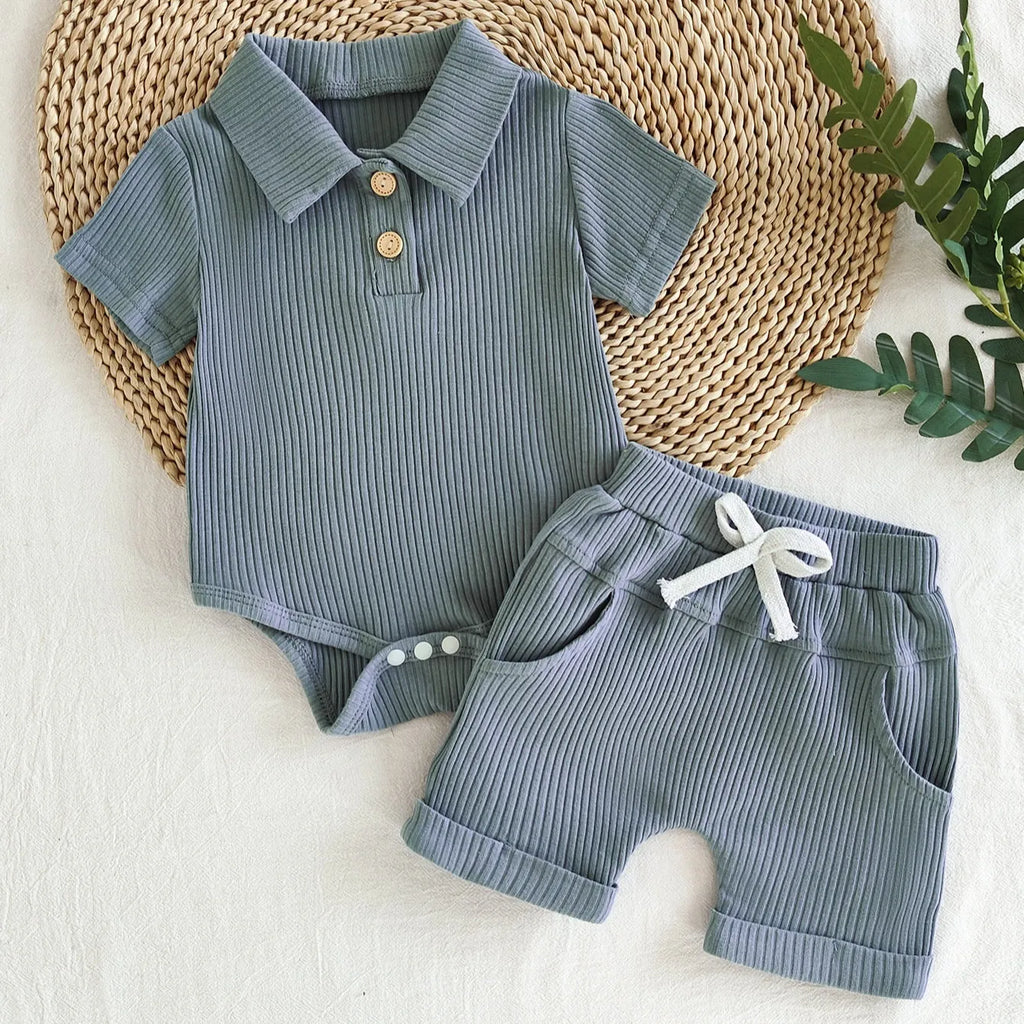 Boys' Kazakhstan suit two-piece set with letter-print short-sleeved shirt and shorts in army green or navy blue