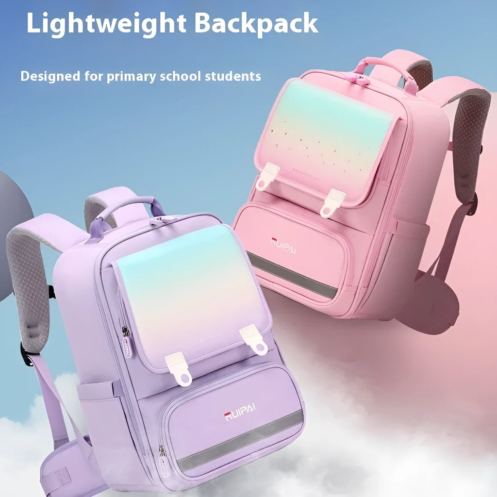 Primary school polyester backpack with burden reduction and spine protection, available in pink, red, purple and navy blue