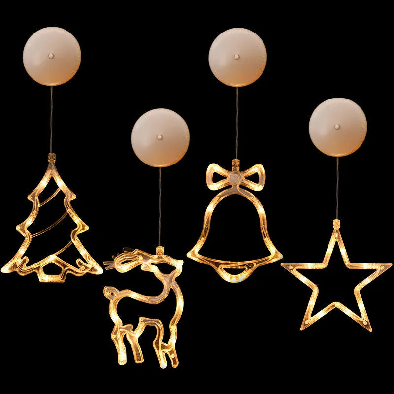 Battery-powered LED Christmas chandelier with suction cups, showing Santa Claus and snowman shapes