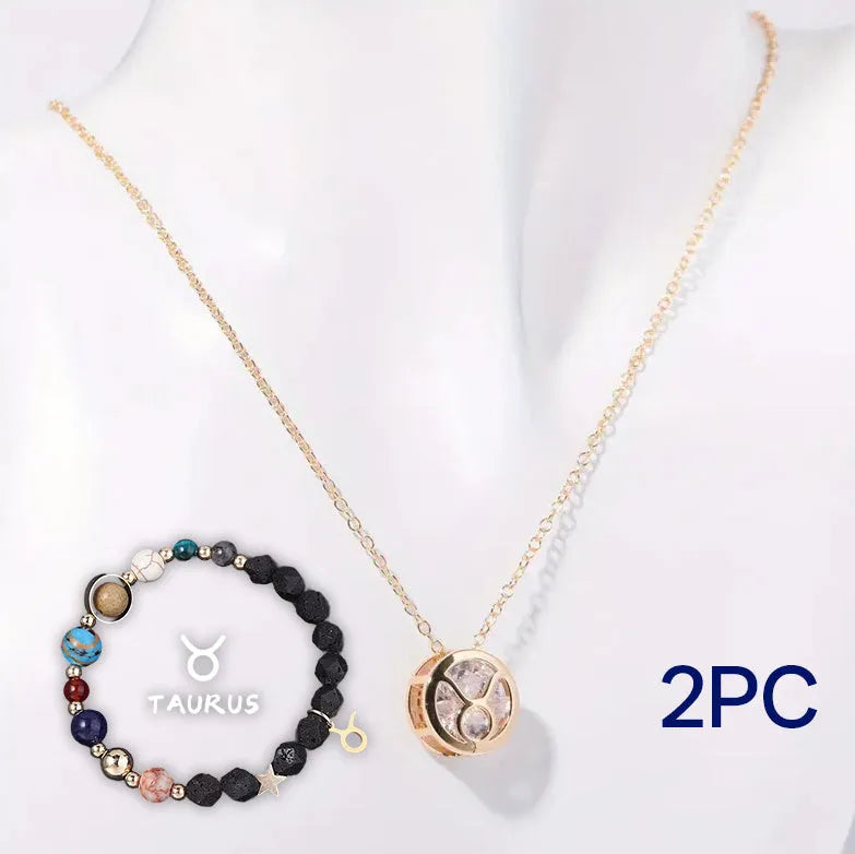 Natural stone beaded necklace and matching bracelet set on a textured background