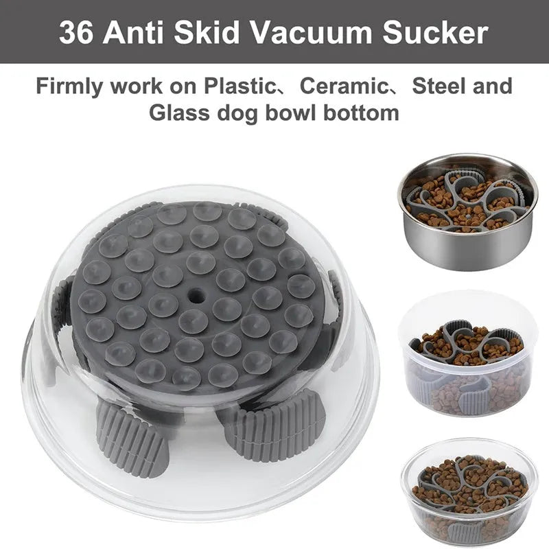 Red silicone dog slow feeder insert with suction cups and conical handles