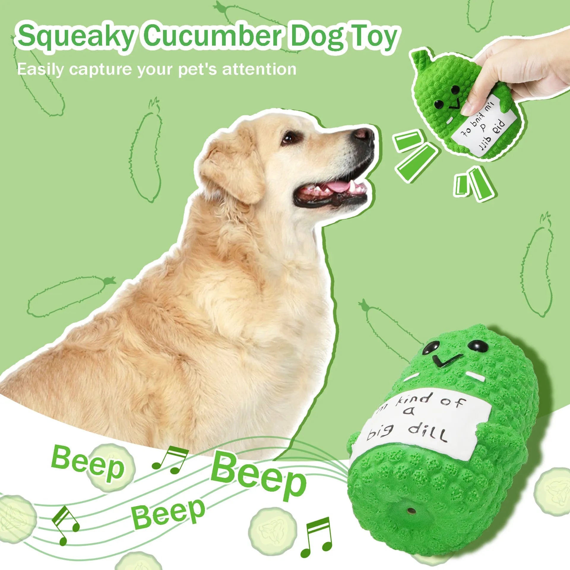 Green pickle-shaped squeaky dog chew toy with textured exterior for dental cleaning