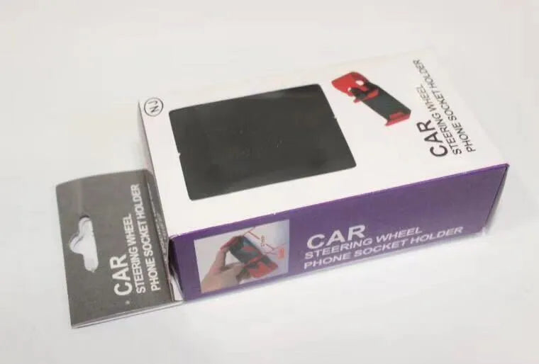 Universal car steering wheel phone holder in ABS plastic with 75x40x25mm dimensions
