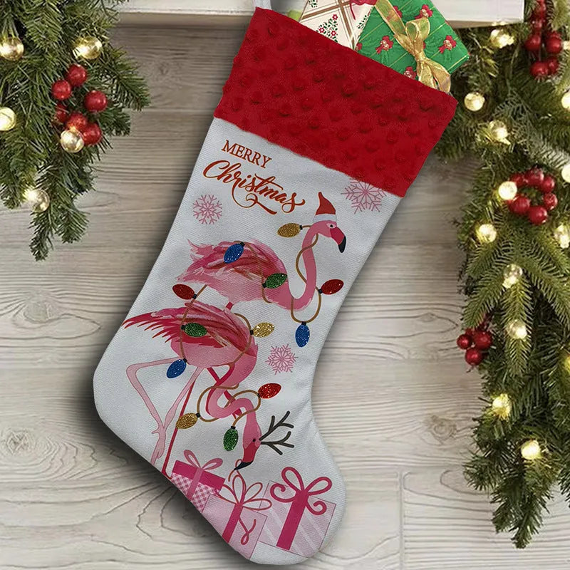 Flamingo-themed cloth Christmas stocking decoration measuring 46 by 28 centimetres