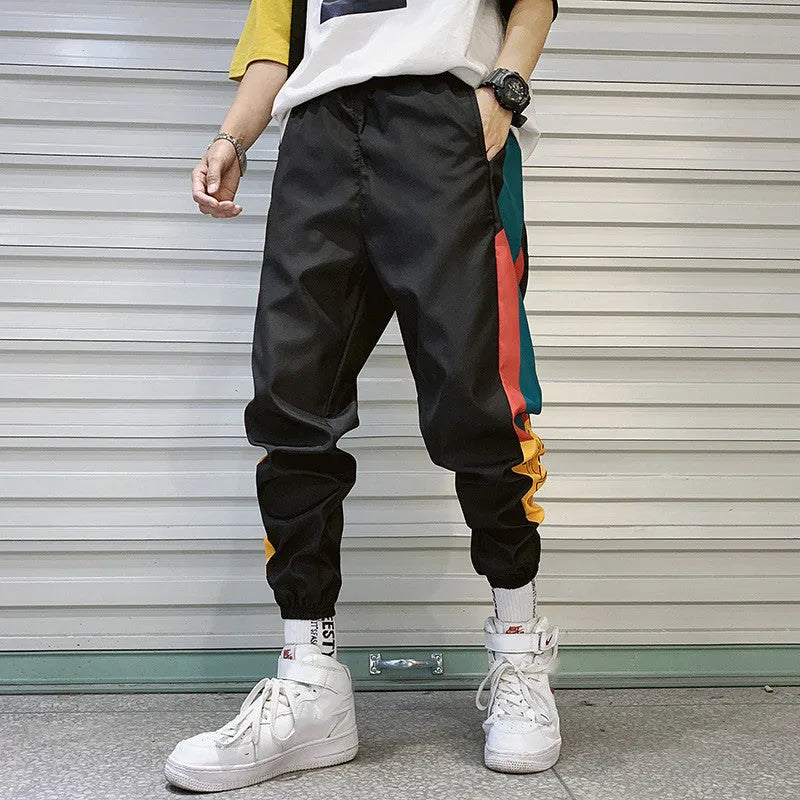 Summer men's Korean loose casual polyester sweatpants in black with elastic drawstring waist