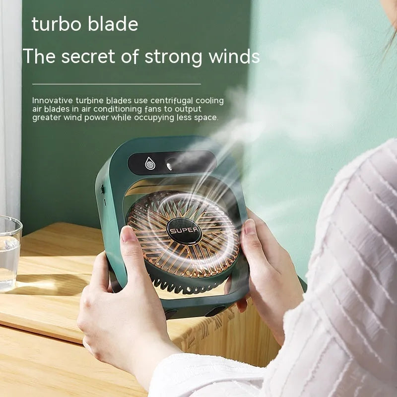 Green and white USB portable misting fan with humidifier function on desk