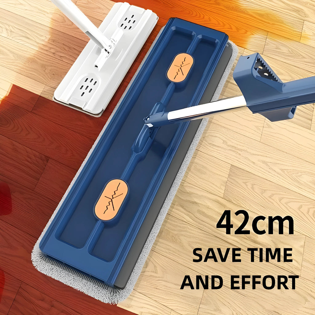 Large flat mop with long stainless steel handle and blue cleaning cloth on a hard floor