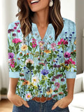 Women's loose-fit casual V-neck t-shirt with a 3D effect printed pattern.