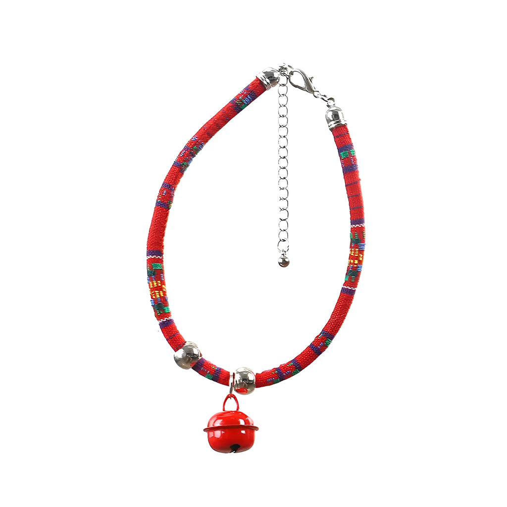 Ethnic style pet collar with bell in multiple colours showing adjustable fastening