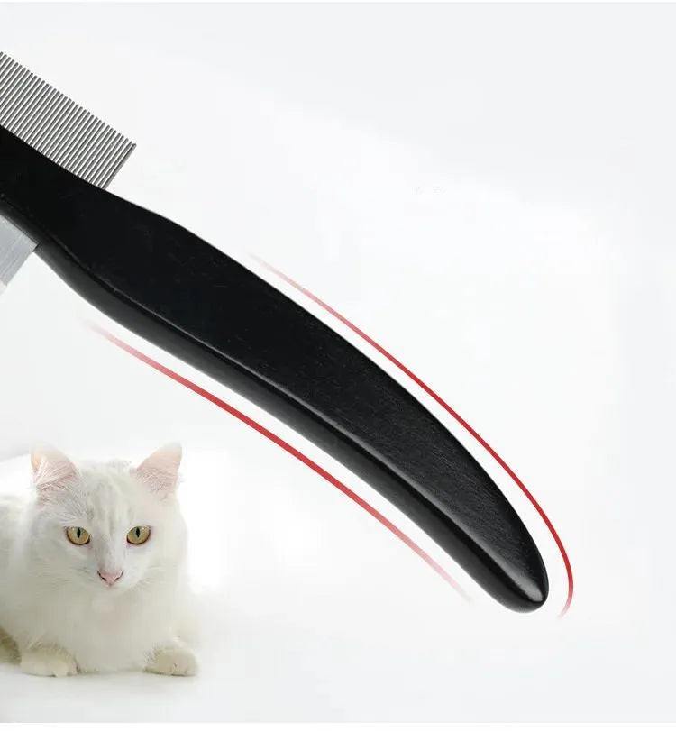 Black dual-sided pet grooming comb with wooden handle and stainless steel teeth for cats and dogs