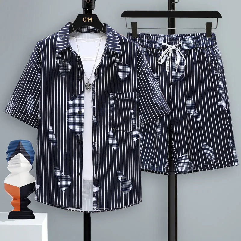 Men's casual sports shorts two-piece set in lightweight polyester, showing short sleeve top and matching shorts.