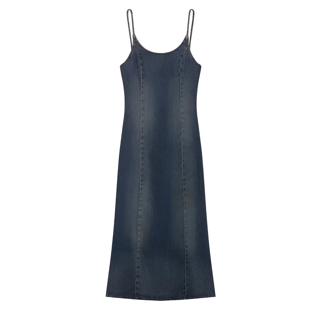 Women's blue wash-effect denim dress with hooded design, pleated short skirt, and asymmetrical hem