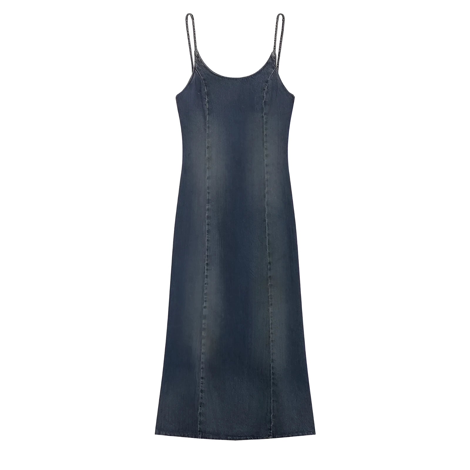 Women's blue wash-effect denim dress with hooded design, pleated short skirt, and asymmetrical hem