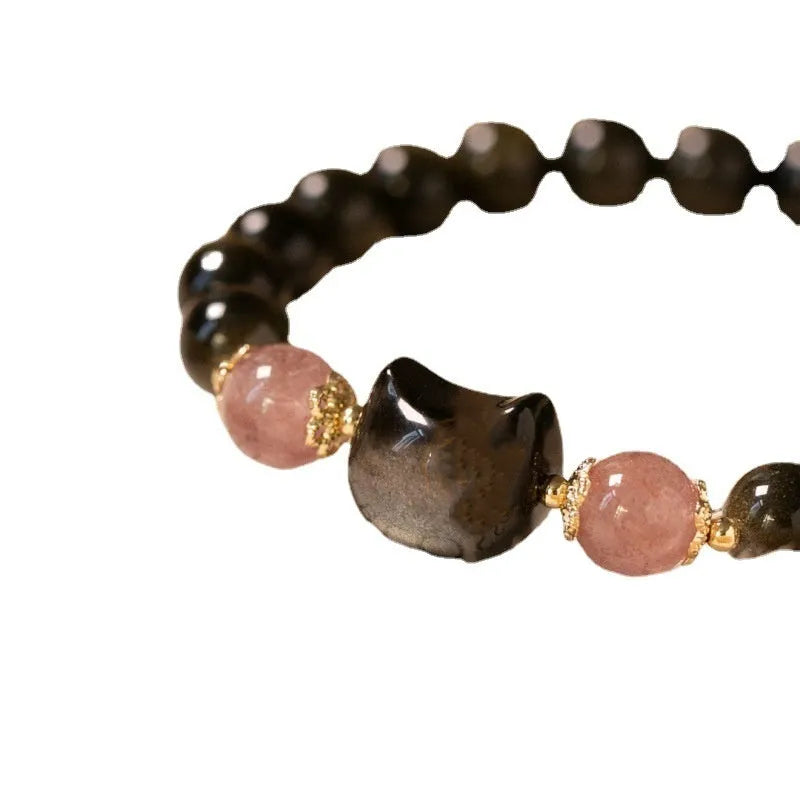 Black obsidian 8mm bead stretch bracelet with silver kitty charm accessory