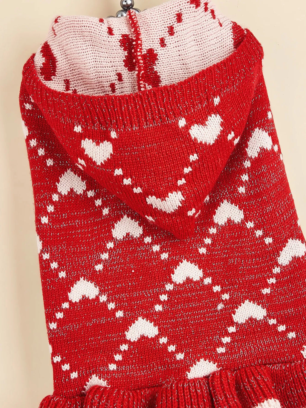 Small dog knit hoodie dress sweater with heart design in blue, gray, pink, or red, sizes XS to L