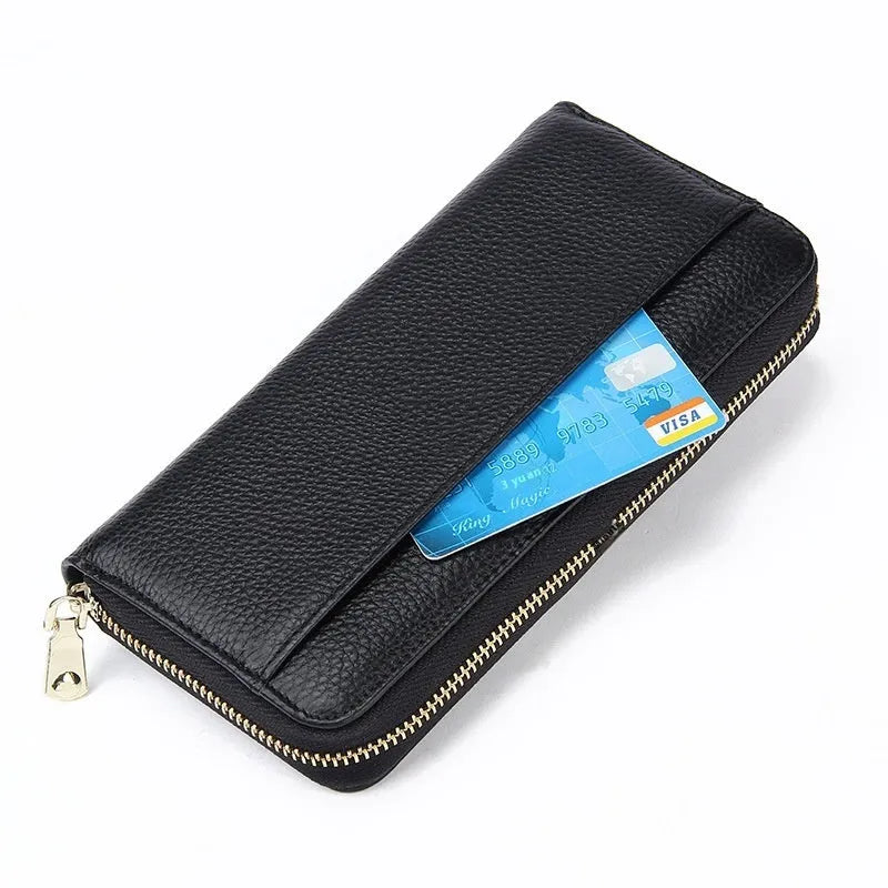 Women's long genuine leather wallet in six colour options showing storage compartments
