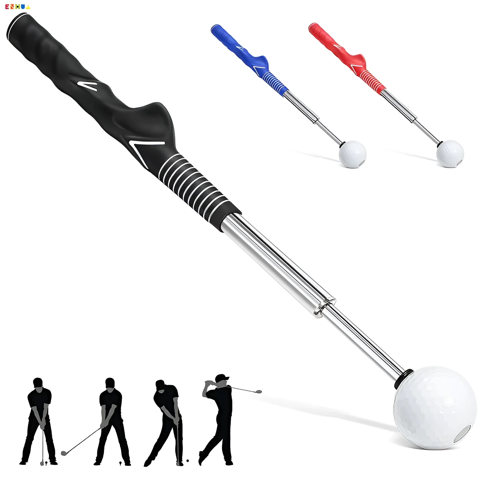 Telescopic stainless steel golf swing trainer shown extended, in black colour.