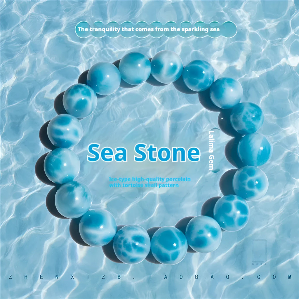 Blue bodhi bracelet with natural crystal sea-pattern stone centrepiece and pearl details in Maillard style