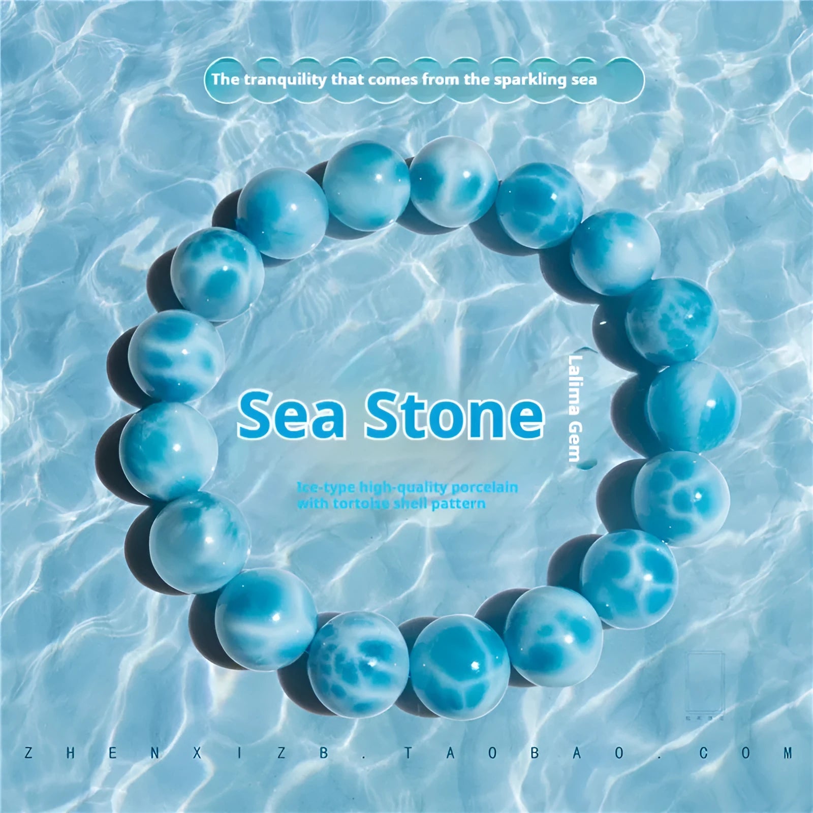 Blue bodhi bracelet with natural crystal sea-pattern stone centrepiece and pearl details in Maillard style