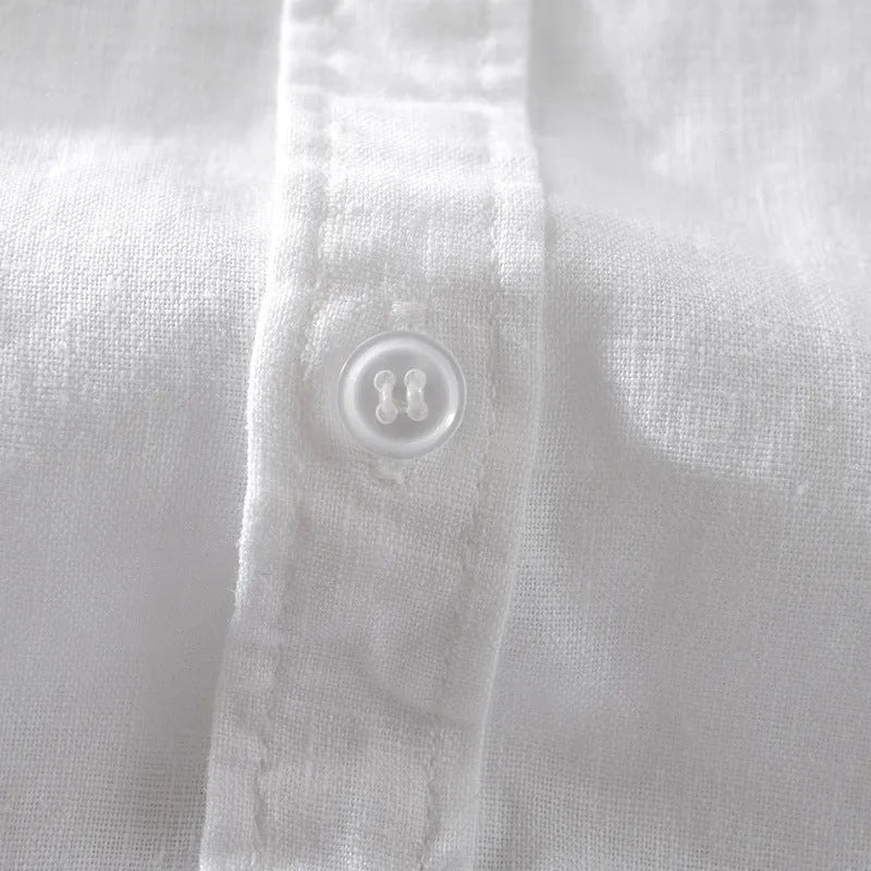 Men's short sleeve loose fit linen shirt in a cotton blend fabric, shown in a solid colour.