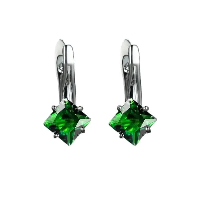 Copper women's earrings with diamond design and inlaid zircon detail in blue, green, or colour variants.