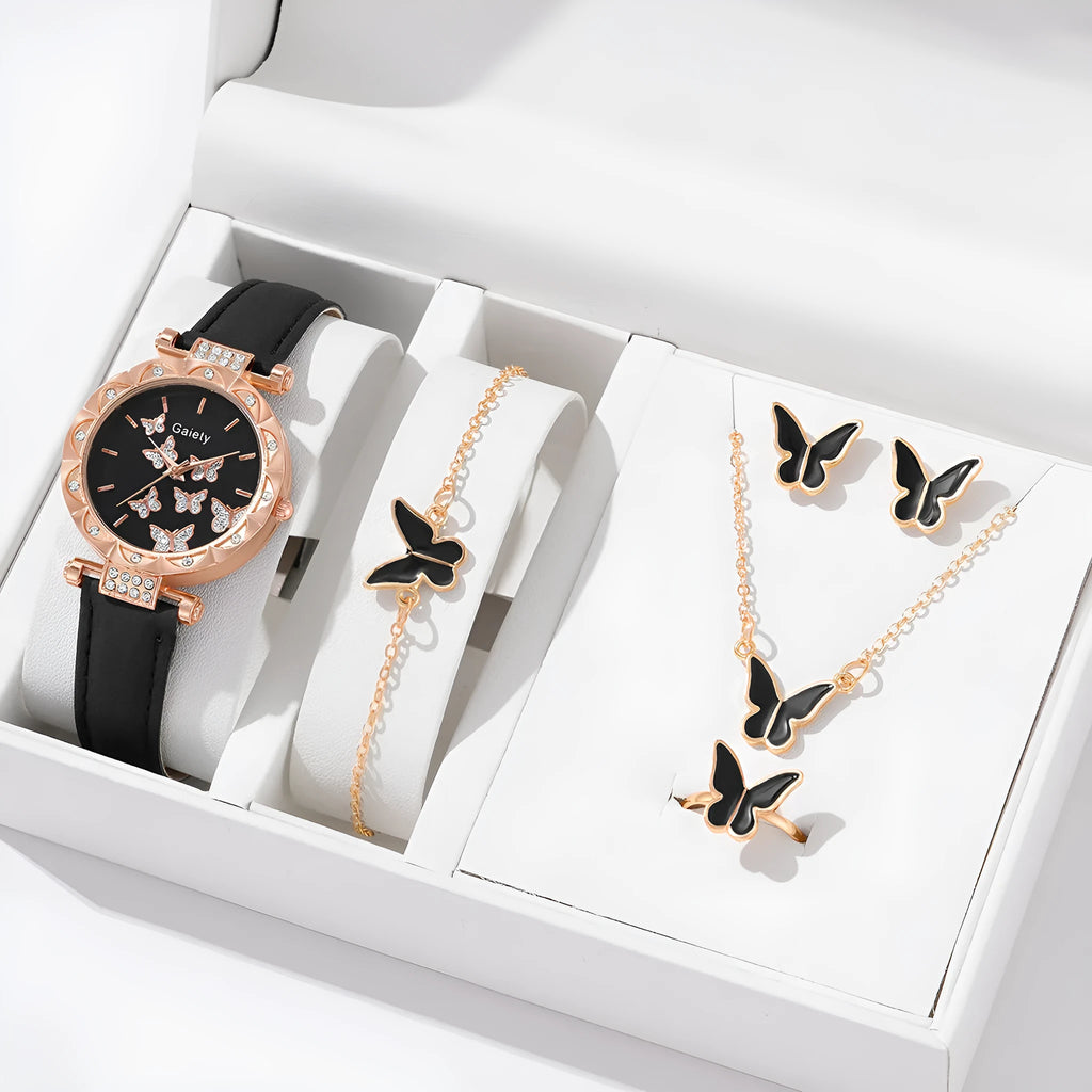 Women's butterfly quartz belt watch with imitation leather strap and pin buckle, available in black brown pink red beige