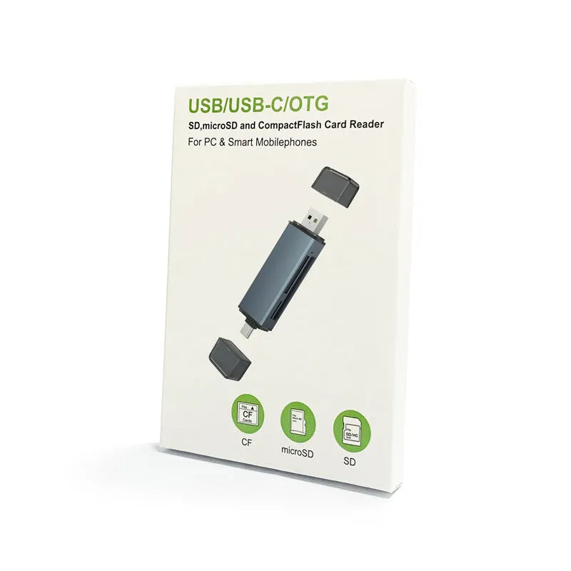 CF SD TF three-in-one aluminium alloy USB card reader shown with dimensions