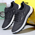 Black and grey waterproof leisure sports shoes with artificial PU upper and lace-up closure on a flat heel.
