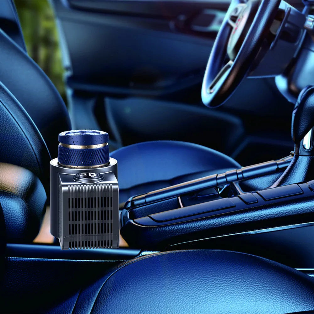 Smart portable car hot and cold coffee cup with digital temperature display, 95x130x180mm, 12V car charger and home adapter