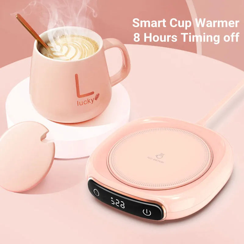 White USB coffee mug warmer coaster on desk with measuring tape showing 130mm width