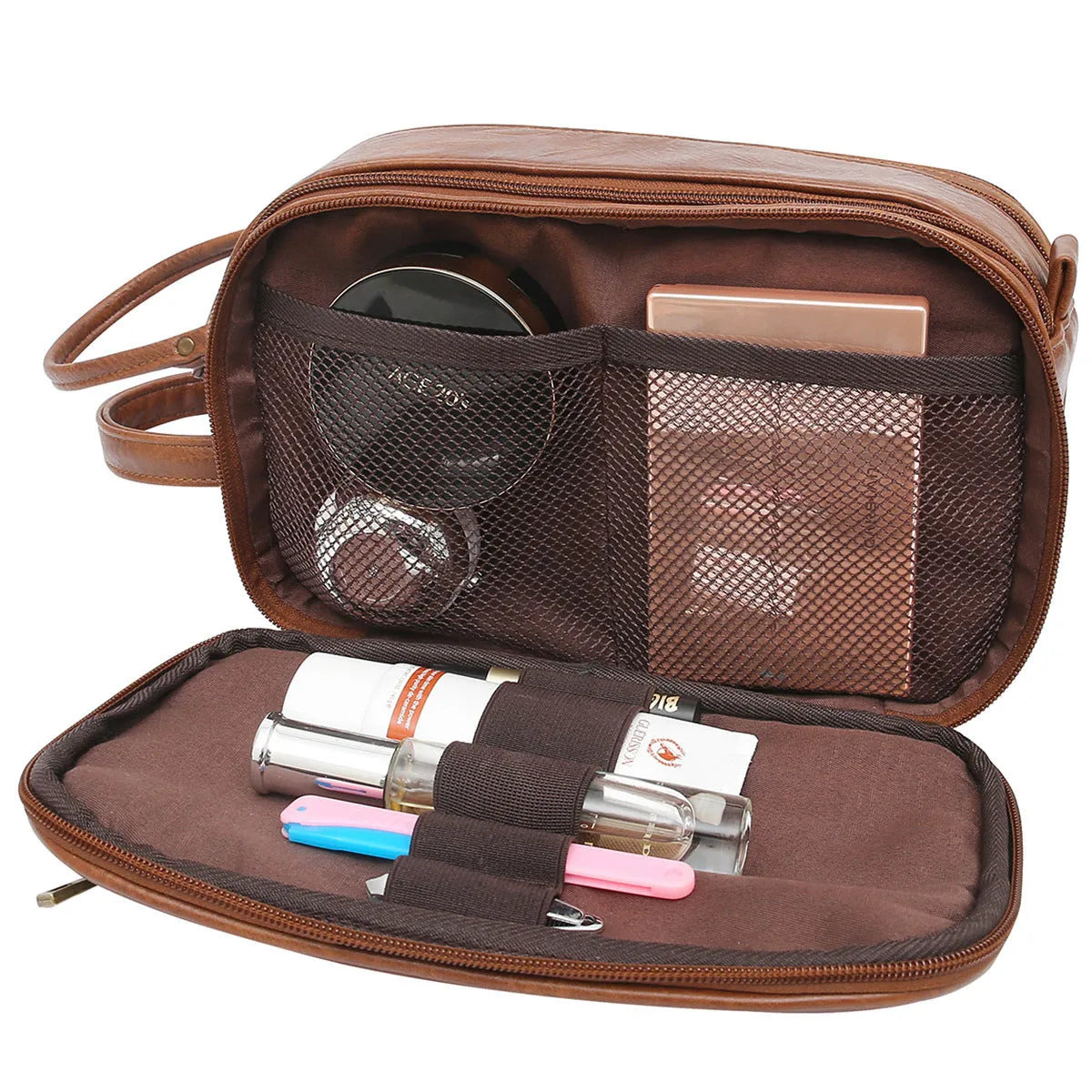 Men's black PU leather toiletry bag for travel storage of cosmetics and grooming products