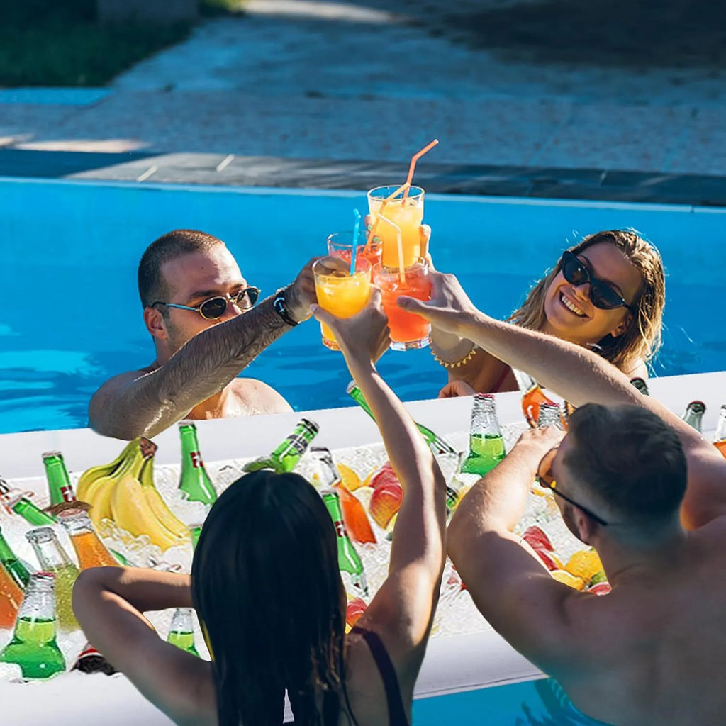 Yellow inflatable ice bar with cup holder and matching beer steins ice bucket setup for a party.