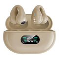 Wireless in-ear Bluetooth 5.3 headset with ear clip design in black, white, and khaki on charging case