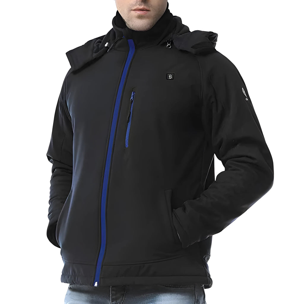 Black men's USB winter waterproof thermal coat with windproof long sleeves and zipper pocket