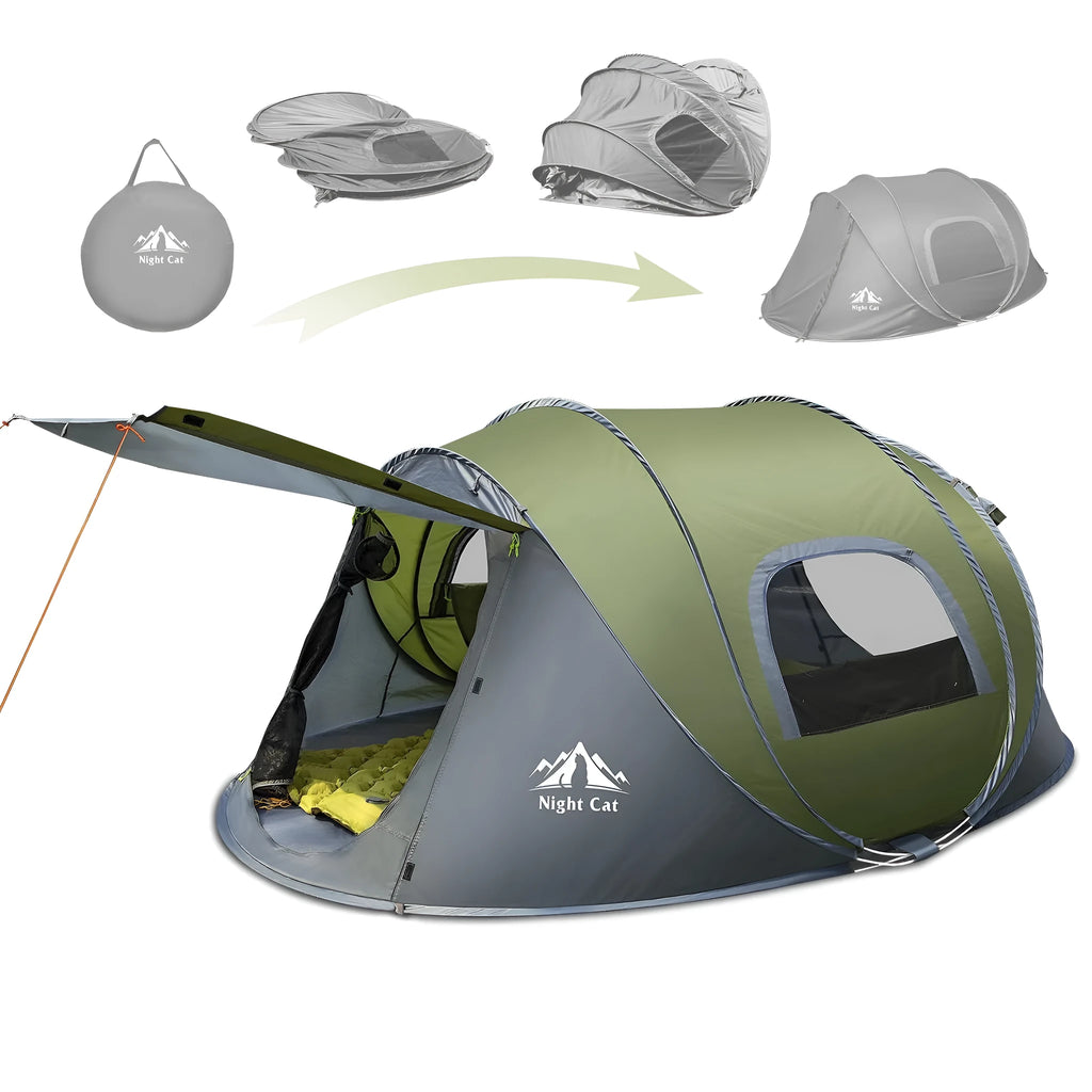 Dark green two-person camping tent with automatic instant setup showing compact dimensions