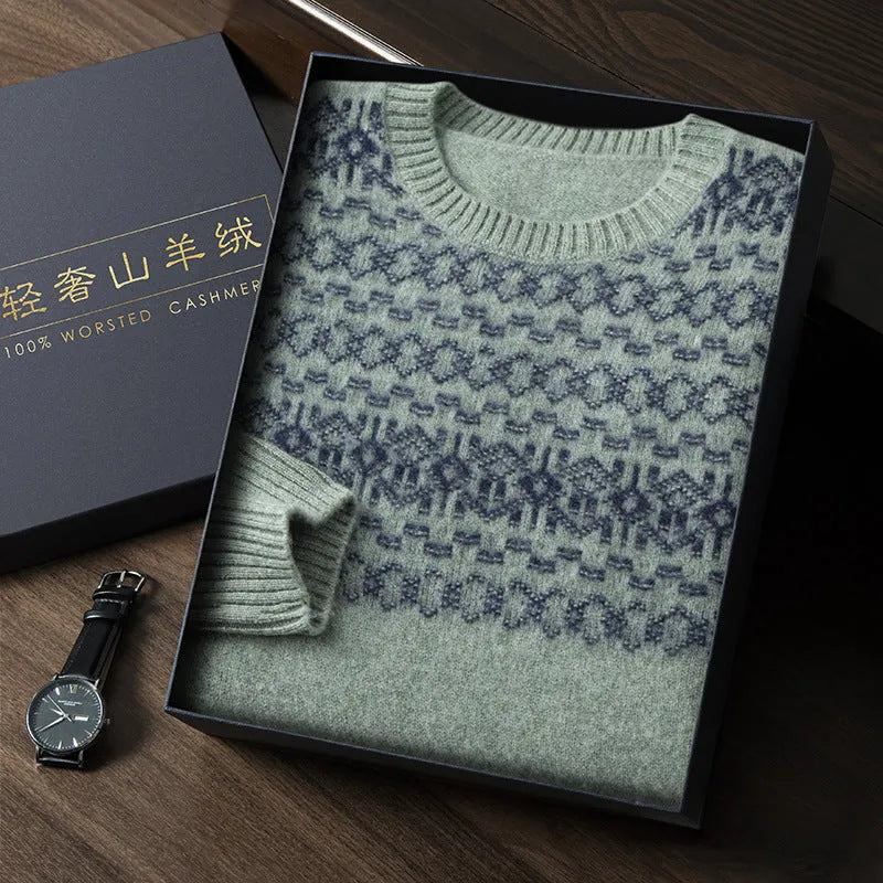 Men's jacquard cashmere sweater in beige, thickened knit, long sleeves, loose fit pullover style