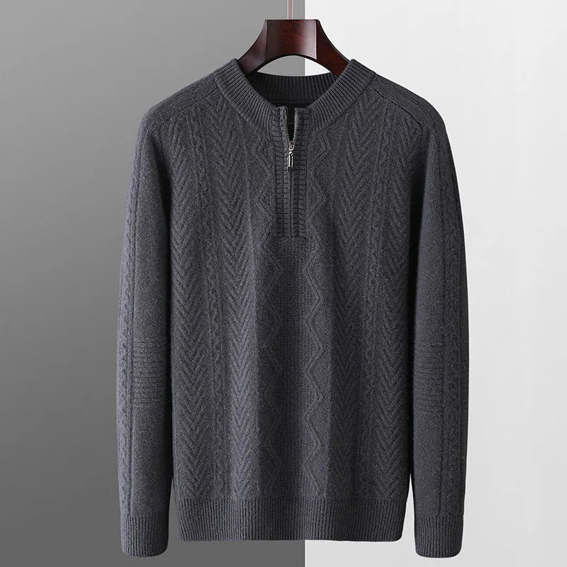 Men's pure wool diamond pattern half zip sweater in camel colour with long sleeves