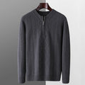 Men's pure wool diamond pattern half zip sweater in camel colour with long sleeves