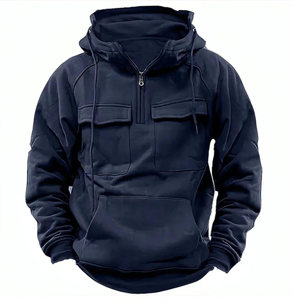 Men's drawstring hoodie sweatshirt in thick polyester with front pocket, available in black