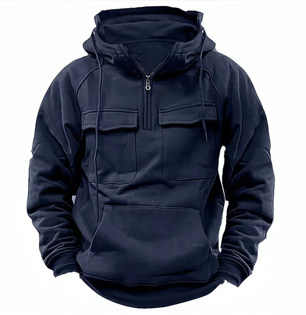 Men's drawstring hoodie sweatshirt in thick polyester with front pocket, available in black