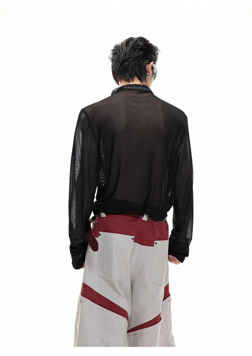 Niche Mesh Ice-feeling Slim Bottoming Shirt in black, showing long sleeves and slim fit on man.