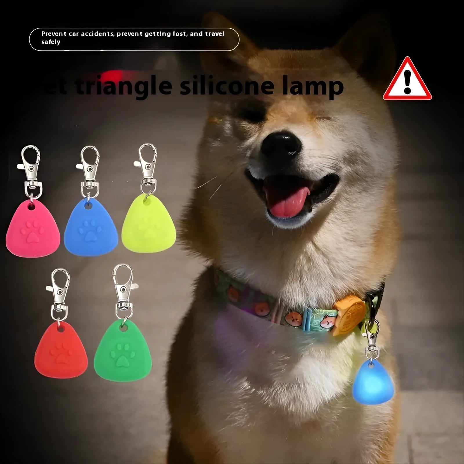 Silicone triangle pendant light-emitting pet ornament in red, pink, blue, green, and yellow colours