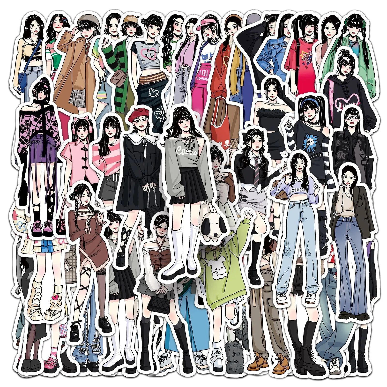 50 hand-painted graffiti cartoon stickers featuring fashion costume designs on a white background
